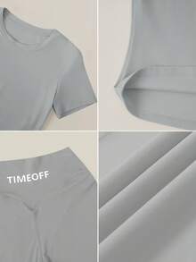 TimeOff 女款純色修身圓領短袖直筒褲休閒基礎健身瑜伽跑步運動套裝 - 灰色 - 查看 4