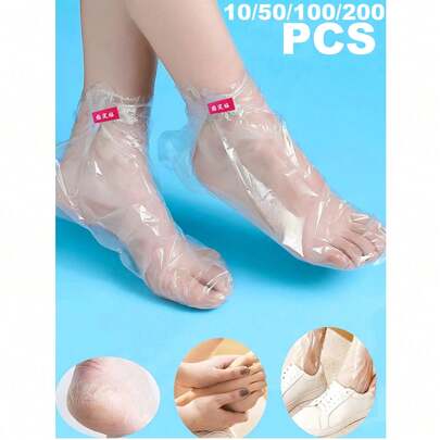 10/50/100/200 piezas Máscaras desechables de plástico para los pies, calcetines hidratantes y anti-agrietamiento para el cuidado de los pies, envolturas suaves y transparentes para el cuidado de los pies, adecuadas para loción corporal, tratamiento de spa en casa para los pies, hidratación nocturna, viajes, cocina, baño y uso doméstico