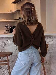 SEREN Women's New Fashion Twisted Design Knit Sweater, Vintage V-Neck Long Sleeve Pullover, Suitable For Daily Wear, And Gatherings With Friends - Red Coffee - View 8