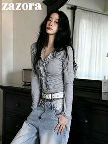 Korean Style Niche Exquisite 3D Ruffle Trim Long Sleeve T-Shirt Women's Inner Layer Top - Grey - View 4