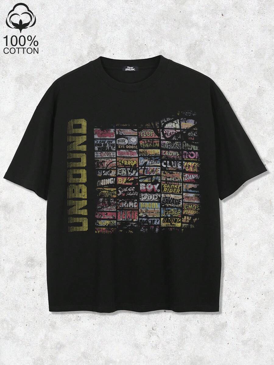 Tiny Spark Streetwear Black Tee Shirt Graffiti Collage Vintage Graphic Hip Hop Style - Black - View 1