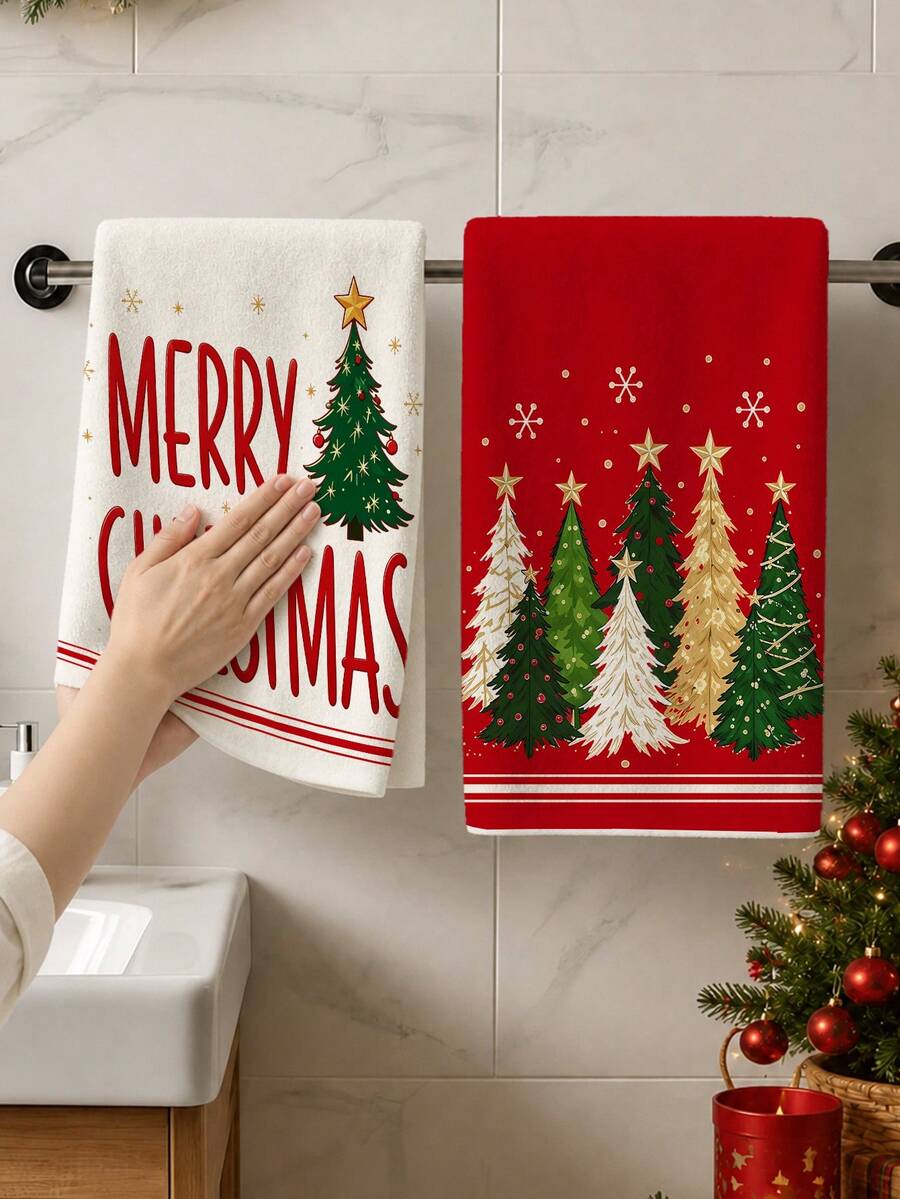 1pc/2pcs Christmas Theme Towel Soft Absorbent Holiday Atmosphere Christmas Tree Letter Gift Sleigh Print Kitchen Decor Cloth Multiple Patterns - Red and White - View 1