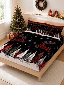3pcs Christmas Theme Printed Bedding Set, (1PC Fitted Sheet + 2pcs Pillowcases, Without Pillow Inserts,) Polyester Digital Print, Red & Black Plaid Christmas Reindeer Pattern Bedroom Supplies, Machine Washable, Bedroom Holiday Home Textile Products - Multicolor - View 5