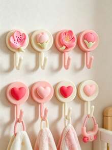4/1pc Heart & Cherry Blossom Pattern No-Drill Hooks, Multi-Purpose Towel & Hair Accessory Hooks, Adhesive Wall Mounted Organizer For Bathroom, Shower, Kitchen, Bedroom, Dorm, RV, Christmas Gift, Fall Decor, Rustproof Waterproof Heavy Duty - Multicolor - View 3