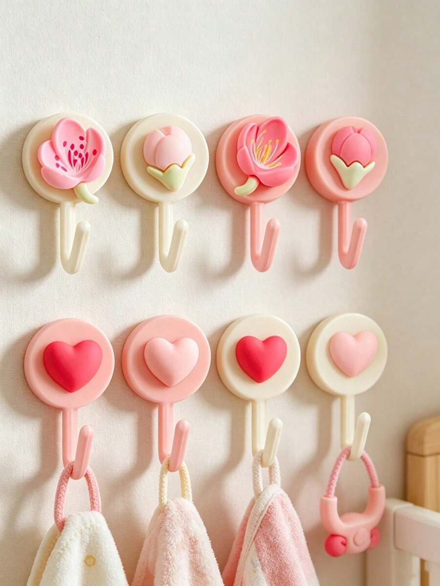 4/1pc Heart & Cherry Blossom Pattern No-Drill Adhesive Wall Hooks, Multi-Function Towel And Hair Accessory Hooks, Sticky Wall Storage Hooks, Suitable For Bathroom, Shower, Kitchen, Bedroom, Dorm, RV, Christmas Gift, Autumn Decor, Rust-Proof, Waterproof, Heavy Duty - Multicolor - View 1