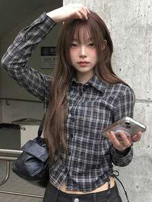 女款韓式度假風格紋鈕扣抽繩綁帶襯衫，百搭 - 黑色 - 查看 6