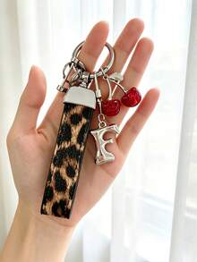 26 Alphabet Car Keychains, Silver Letter Zinc Alloy Accessories, Leopard Print Cherry Pendant, PU Rope Car Lock Key Fob, Car Remote Control Hanging Decoration, Bag Decoration Pendant, Car Key Ring, Key Chain Key Accessories. Holiday Gift, - Letter - View 35