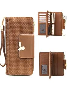 Women's Vintage Straw-Textured PU Long Patchwork Multi-Function Wallet, Large Capacity Card Holder With Exquisite Metal Flower Logo, Casual Wristlet Bag Suitable For Various Occasions - Multicolor - View 1
