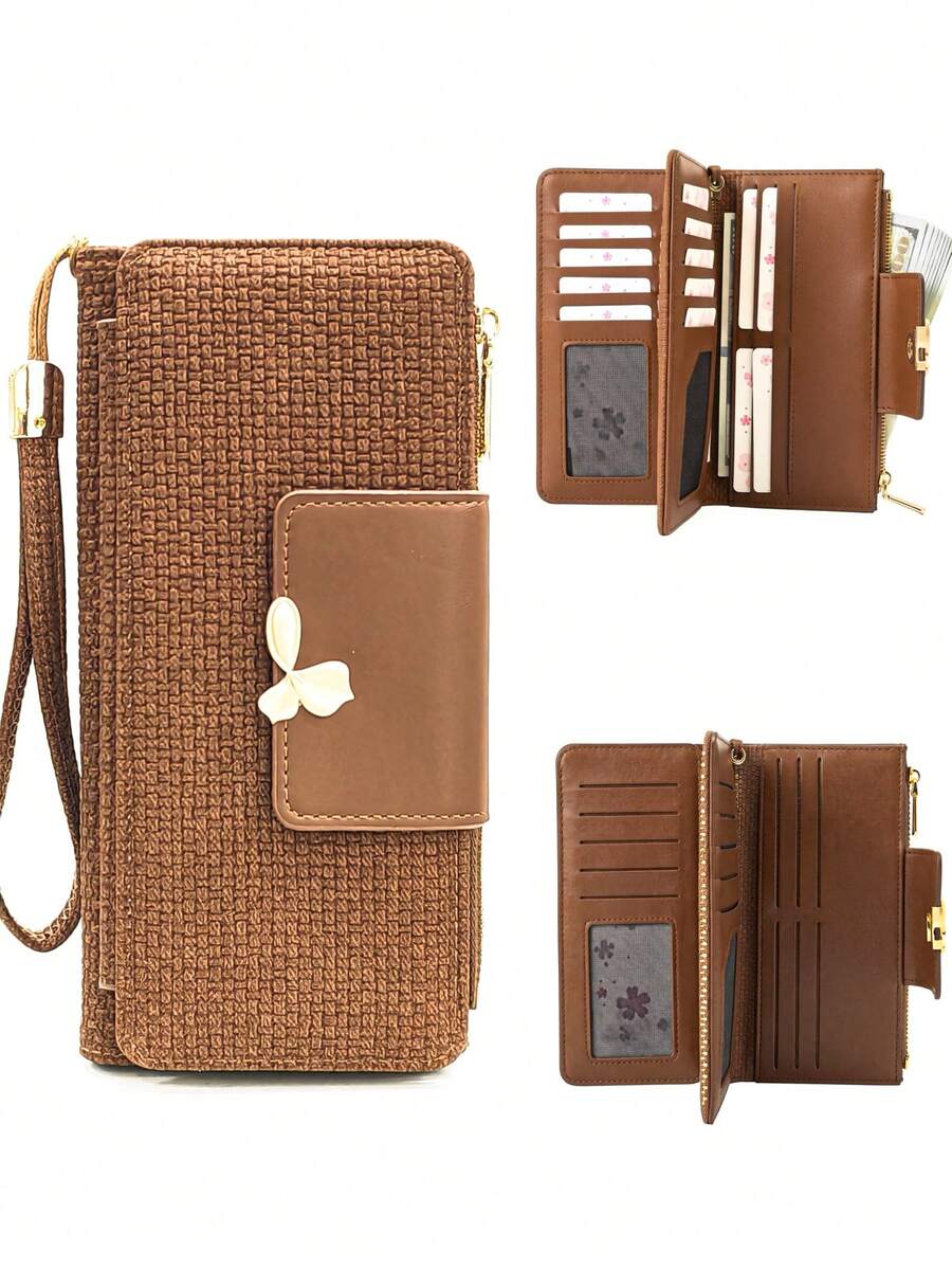 Women's Vintage Straw-Textured PU Long Patchwork Multi-Function Wallet, Large Capacity Card Holder With Exquisite Metal Flower Logo, Casual Wristlet Bag Suitable For Various Occasions - Multicolor - View 1