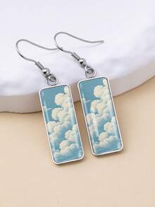 YUJUGLOW 1 Pair Healing Cartoon Style Clear Sky & Cloud Pattern 316 Stainless Steel Long Bar Earrings, Suitable For Women's Daily Wear - Baby Blue - View 6