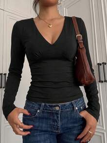 SCARLUX Fall Y2K Women Basic Black Off‑The‑Shoulder Top, Cross V‑Neck Slim‑Fit Long Sleeve Tee For Back To School Going Out Casual Wear - Black - View 4