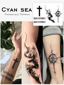 3pcs Herbal Temporary Tattoo Sticker, Cross Text Ink‑Wash Dragon Compass Sword Dark Pattern, Realistic Fake Tattoo Design, Suitable For Daily Wear, Bachelorette Party Favors, Music Festivals, Game Events, Graduation Gifts, Lasts 7‑14 Days - Black - View 1