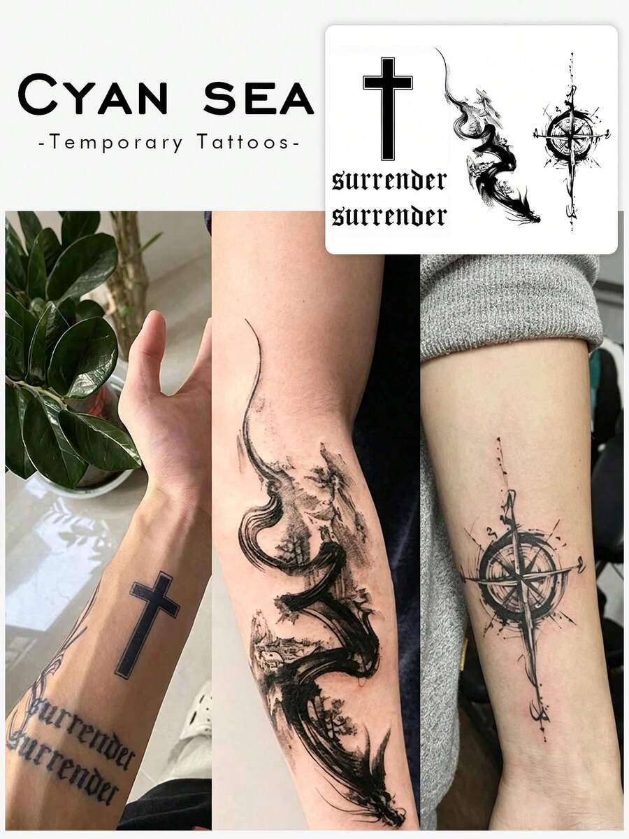 3pcs Herbal Temporary Tattoo Sticker, Cross Text Ink‑Wash Dragon Compass Sword Dark Pattern, Realistic Fake Tattoo Design, Suitable For Daily Wear, Bachelorette Party Favors, Music Festivals, Game Events, Graduation Gifts, Lasts 7‑14 Days - Black - View 1