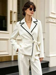 Women's Elegant Notch Lapel White Tie-Front Contrast Trim Blazer, Spring/Autumn - White - View 2