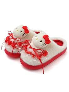 Hello Kitty Cartoon Cute Thick Sole Slippers Fluffy Bowknot Thermal Lined Comfortable Winter Slippers - Red - View 6