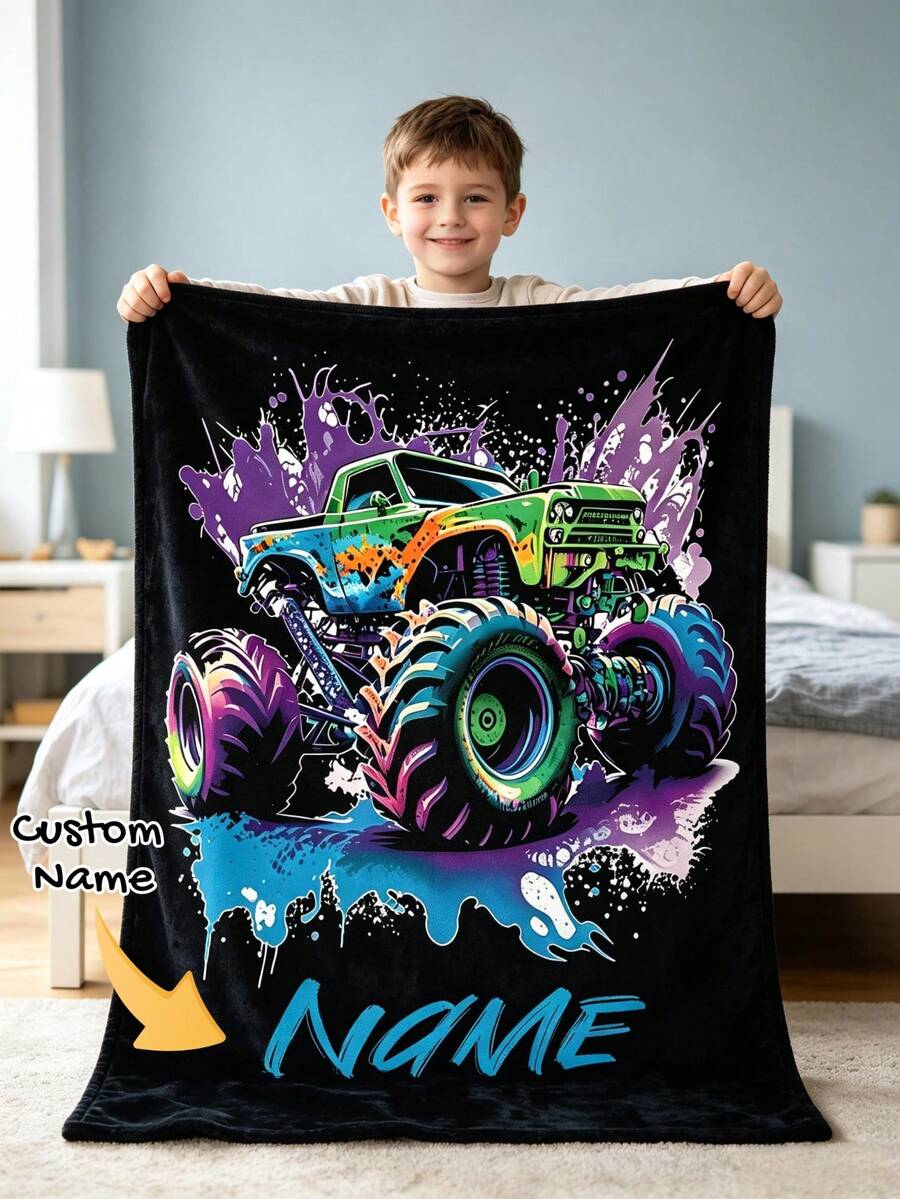 Personalized Monster Truck Throw Blanket For Kids, Custom Name Colorful Cartoon Lightweight Blanket, Soft Warm Winter Blanket, Suitable For Kids - Multicolor - View 1