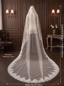 1 Pc Mantilla Wedding Veil Fingertip Cathedral Length Soft French Lace Bridal Veil With Invisible Metal Comb For Brides - Multicolor - View 14