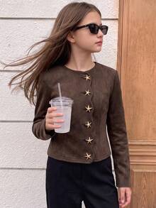Girls' Urban Fashion Suede Jacket With Scalloped Edge, Open Front And Metal Button Decor, Back To School Campus Outfit, Autumn/Winter Casual Daily Wear - Brown - View 2