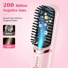 Hatteker 1pc 3-Gear Temperature Control Portable Travel Hot Air Brush, Volumizing Root Lift & Straightening Dual Use Wireless Hair Straightener - Multicolor - View 7