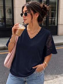 Plus Size Women's V-Neck Short Sleeve Lace Patchwork T-Shirt, Summer Casual - Navy Blue - View 4