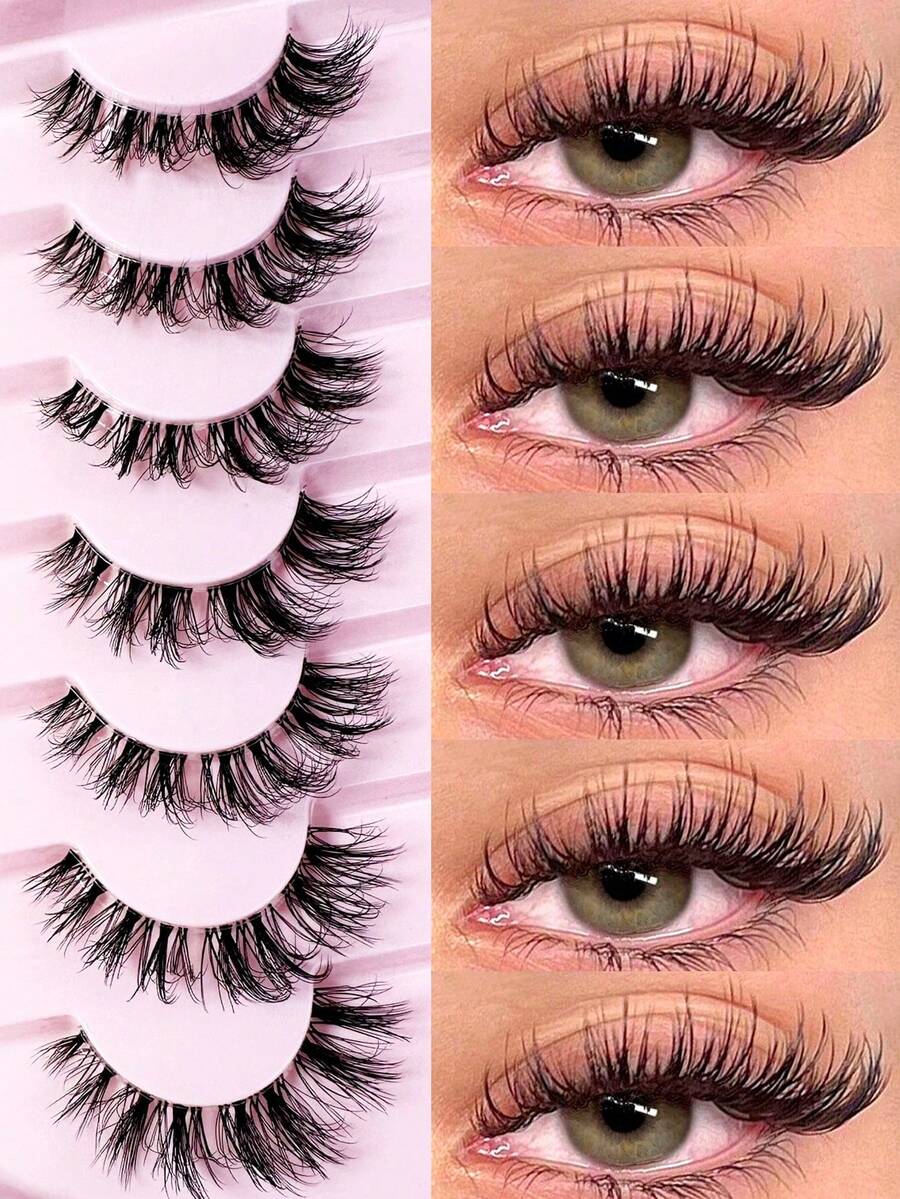 7 Pairs Messy Natural Cat Eye False Eyelashes, Transparent Stem, Create Cat Eye Makeup Look - View 1