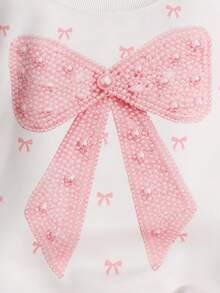 Big Girls Bow Print Sweatshirt With Side Stripe 3D Bow Decor Sweatpants 2-Piece Casual Set - Pink - View 5