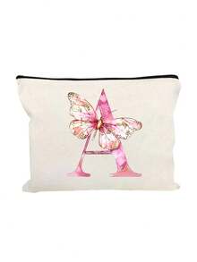 Pink Butterfly Letter A-Z Print White Makeup Bag, Gift For Girls, Cute Vintage Minimalist Fashion Letter Pattern Printed Storage Bag, Cosmetic Pouch, Storage Bag, Makeup Organizer Bag, Toiletry Bag, Clutch, Lightweight Foldable Storage Bag, Simple Shopping Bag, Teacher Gift Clutch, Nurse, Doctor, Teacher Storage Bag, Suitable For Personal Travel Cosmetic Storage - Multicolor - View 15