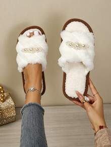 Autumn/Winter Fairy Plush Open Toe Slippers With Exquisite Pearl Decor, Indoor/Outdoor Fuzzy Shoes - White - View 1