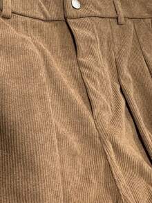Men's Coffee Brown Corduroy Pants, Pleated Wide Leg Trousers, Elastic Back Waist, Button Front, Slant Pockets, Vintage Casual Fall Winter - Coffee Brown - View 3