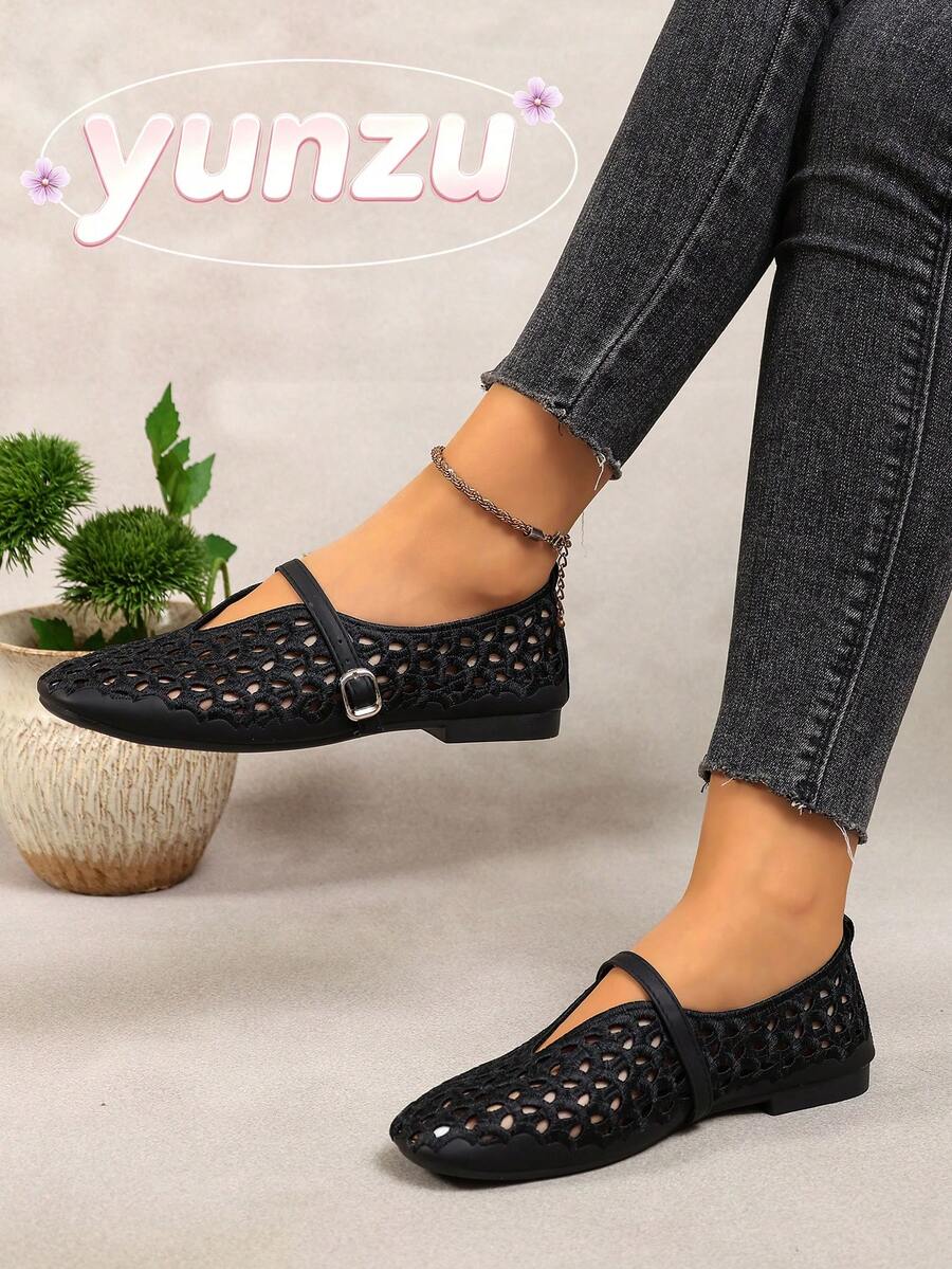 Black Hollow Embroidery Mary Jane Women's Shoes, Square Toe Single Strap Low Vamp Flat Shoes, Breathable Versatile Commuter Loafers For Spring And Summer - Black - View 1