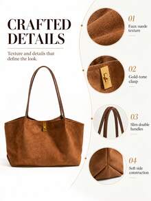 2pcs Brown Faux Suede Tote Bag Set, Women's Large Capacity Shoulder Handbag With Storage Bag, Casual Commute Work Bag, Autumn/Winter Daily Use - Evonik - View 9