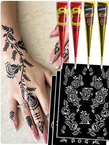 7PCS (2 Black + 2 Red Henna Paste + 3 Templates) Combo Set Henna Nail Art Tattoo Cream With Storage Box, Semi-Permanent Plant-Based Tattoo Ink For Hands And Body - Multicolor - View 1