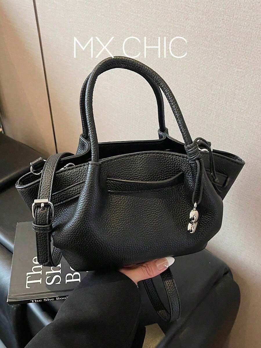 休閒簡約時尚 PU 皮革單肩包/斜挎包/手提托特包,附內袋 - 黑色 - 查看 1