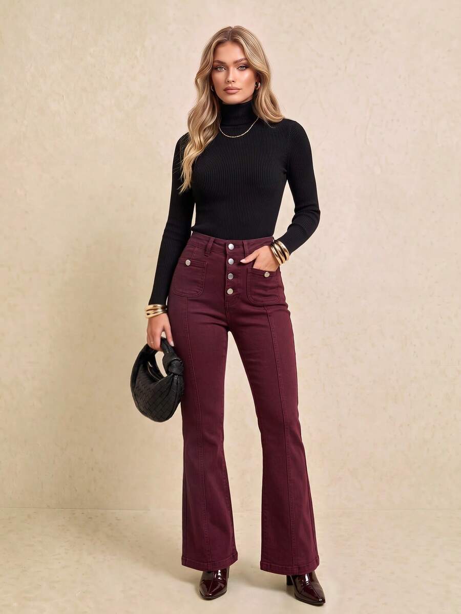 Burgundy Denim Flare Pants, Street Style Casual Long Pants For Women - Burgundy - View 1