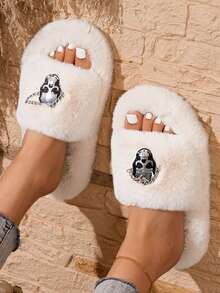 Women Fuzzy Slide Slippers Open Toe Style Skull Metal Chain Ornament - White - View 3