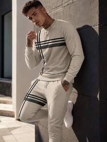 Men's Casual Versatile Striped Crew Neck Sweatshirt And Pants Set - Multicolor - View 1