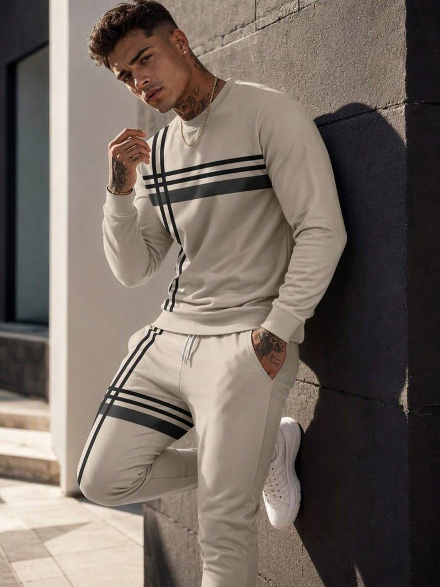Men's Casual Versatile Striped Crew Neck Sweatshirt And Pants Set - Multicolor - View 1