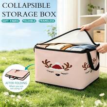1PC Foldable Christmas Storage Box, Light Pink Background With Cute Reindeer Antlers And Red Christmas Hat Print, Zipper Handle Fabric Storage Bin, Soft Holiday Decor Organizer, Suitable For Home Closet And Bedroom - Multi-color - View 3