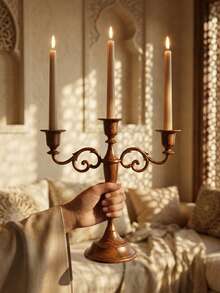 1Pc Retro Carved Alloy Candelabra, Imitation Wood‑Grain 3/5 Arms Candle Stick Holder, Centerpiece For Dining Table, Wedding, Ramadan, Party Home Ornament. - Classic - View 16