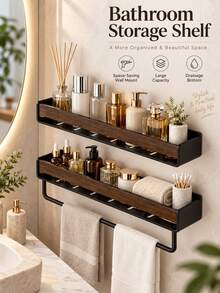 1pc Black Bathroom Storage Rack, Modern Wall-Mounted Organizer With Towel Bar, Double Layer Shower Caddy, Suitable For Shampoo, Lotion, Skincare And Toiletries, Space-Saving Floating Shelf, Suitable For Bathroom Countertop, Shower Room And Home Decor - Multicolor - View 1