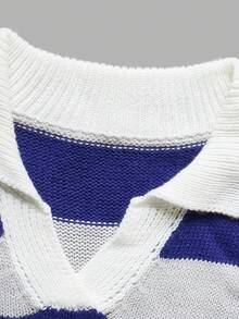 Women Fall Blue‑Grey Stripe Cropped Knit Sweater, Polo Collar V Neck Long Sleeve Drop Shoulder Ribbed Hem Jumper For Daily Campus Date Casual Outfits - Multicolor - View 4