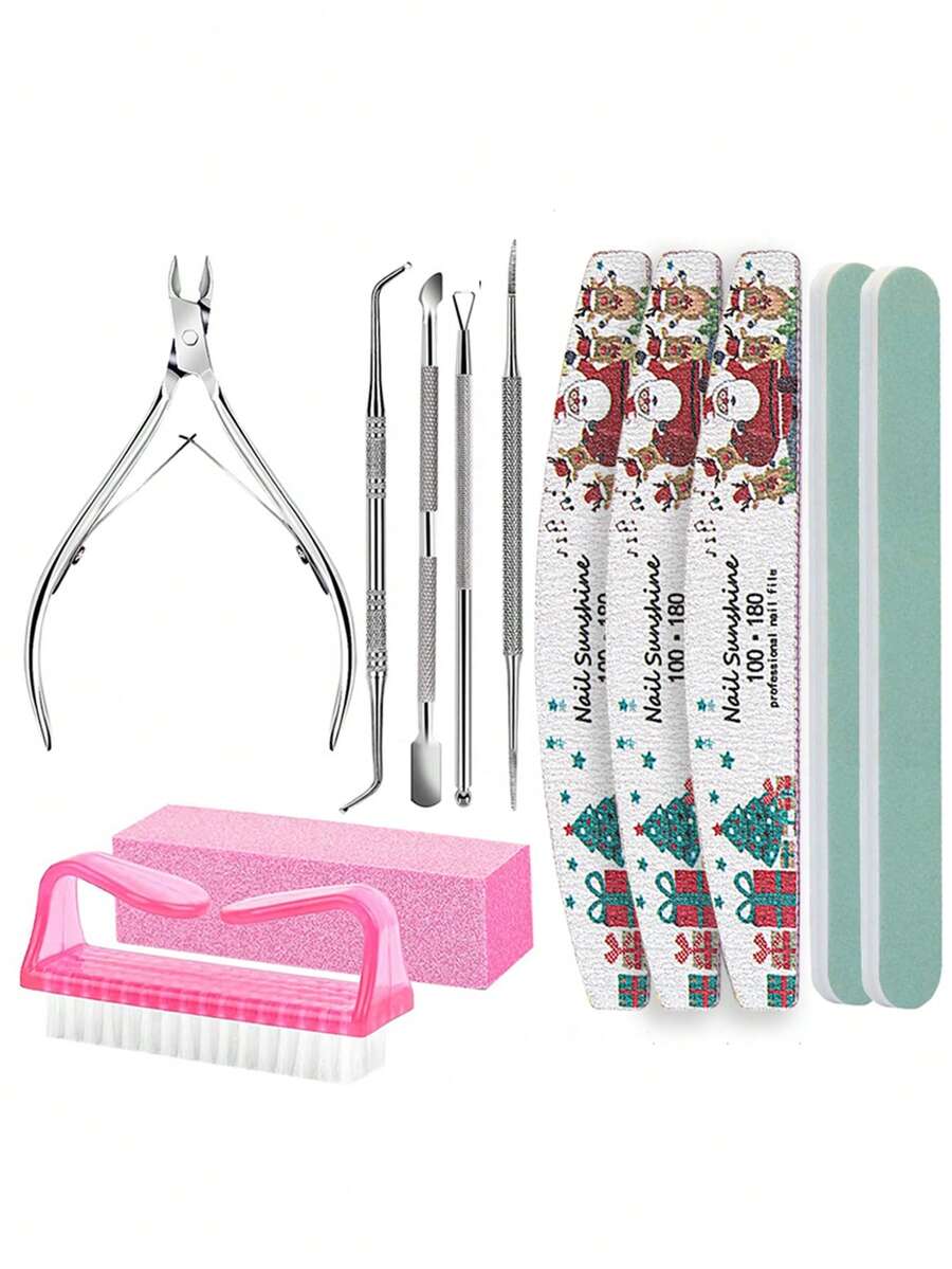 12pcs Nail Art Tool Set 100/180 Grit Nail File, Polishing Strip, Cuticle Nipper, Cuticle Pusher, Cleaning Brush, Christmas Manicure Kit - Multicolor - View 1