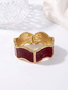 1pc Women's Vintage Spring Open Bangle, Burgundy Enamel Wavy Wide Open Design Bracelet, Suitable For Party And Daily Wear Accessory Gift - Wavy - View 8
