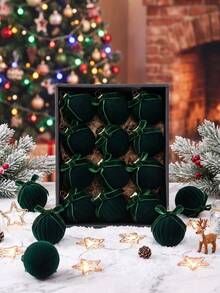 12pcs/1box Flocked Christmas Ball Ornaments With Bows, Flocked Christmas Tree Hanging Decor, Shatterproof Christmas Balls, Suitable For Home Christmas Tree Party Decoration - Multicolor - View 2