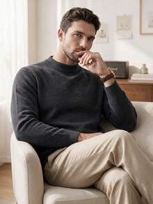 Men's Crew Neck Long Sleeve Solid Color Minimalist Casual Knit Sweater, Lightweight For Autumn/Winter - Dark Grey - View 5