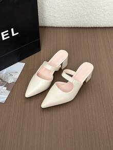 1 Pair Women Beige Pointed Toe Chunky Heel Sandals Elegant Fashion Style Comfortable Versatile High Heels - Beige - View 4
