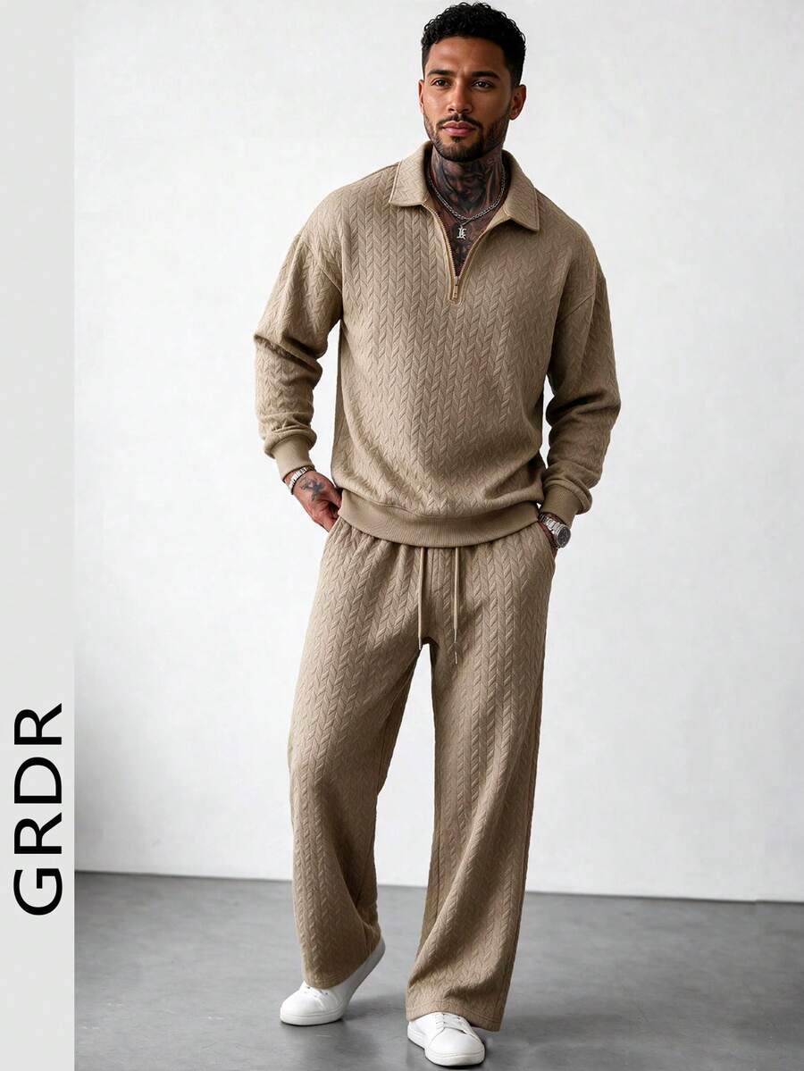 GRDR 男士休閒兩件套:半拉鍊 Polo 衫搭配抽繩直筒長褲 - 卡其色 - 查看 1