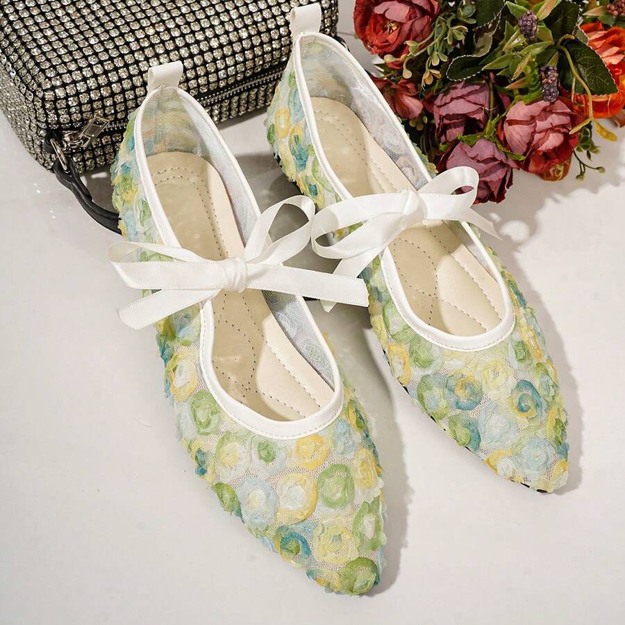 Spring/Autumn Pointed Toe Low-Top White Satin Bow Mesh Flat Ballet Shoes For Women, Comfortable And Versatile, Suitable For Commuting, Dating, Office - Sprout Green - View 1