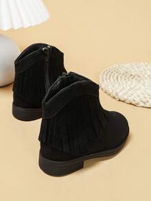 1 Pair New Fashionable Cute Ankle Boots For Infants And Toddlers, Fringed Side Zipper Faux Suede Western Cowboy Boots, Suitable For Parties, School, Outdoor - Black - View 6