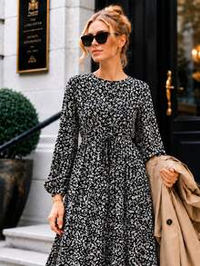 Women's A-Line Floral Maxi Dress With Long Sleeves - Black - View 6